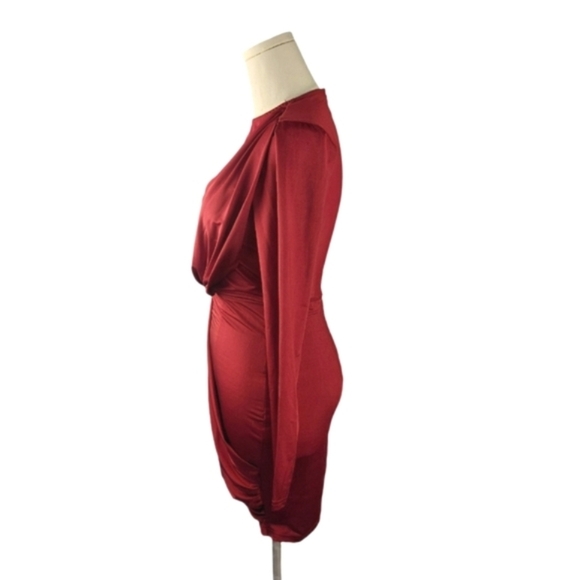 Privy Burgundy Mesh Panel Draped Bodycon Mini Dress S Sheer Sexy Red Long Sleeve - Picture 10 of 12